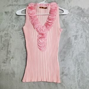 Belldini Sweater Womens M Pink Sleeveless Ribbed Curly Ruffled V-Neck Knit Tank